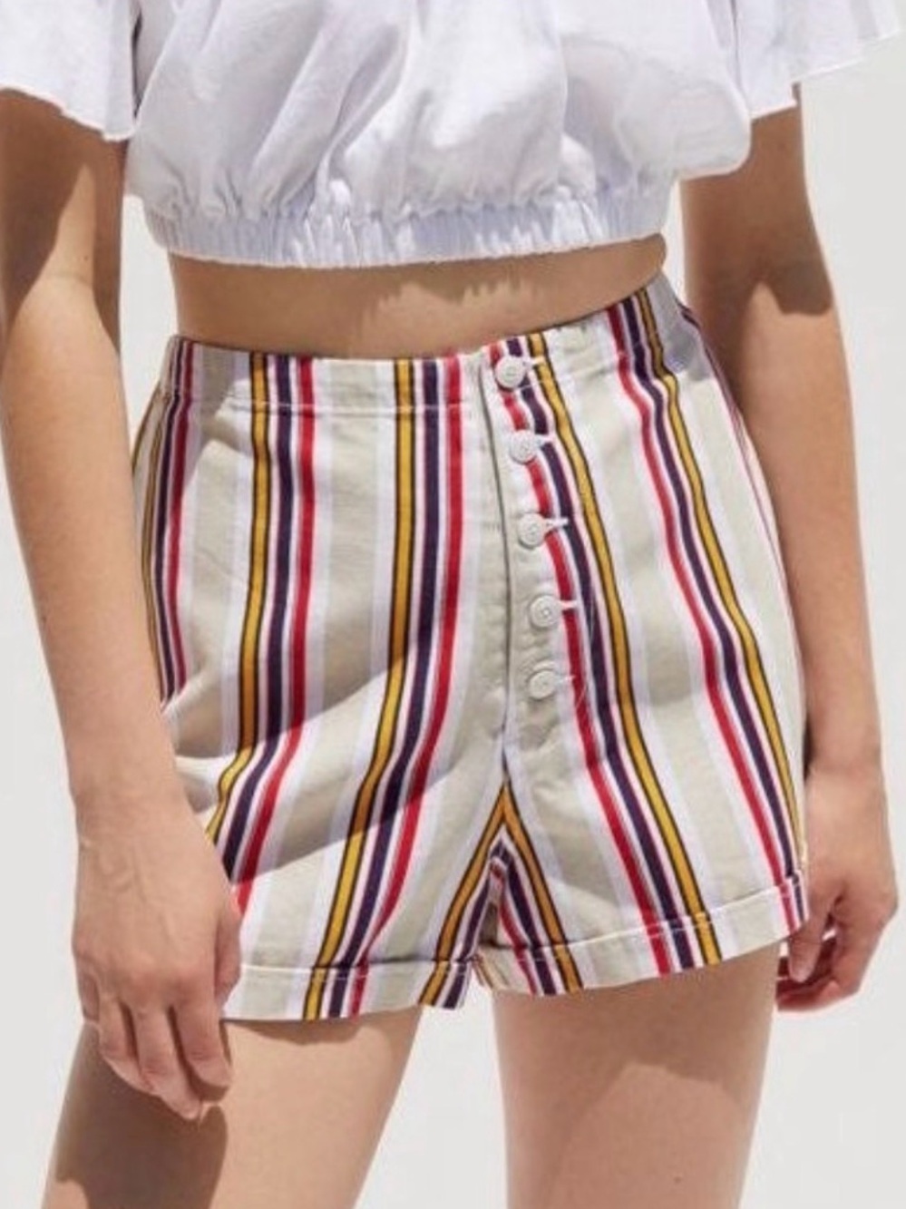 Urban Outfitters Beige Striped High-Waist Button Front Shorts